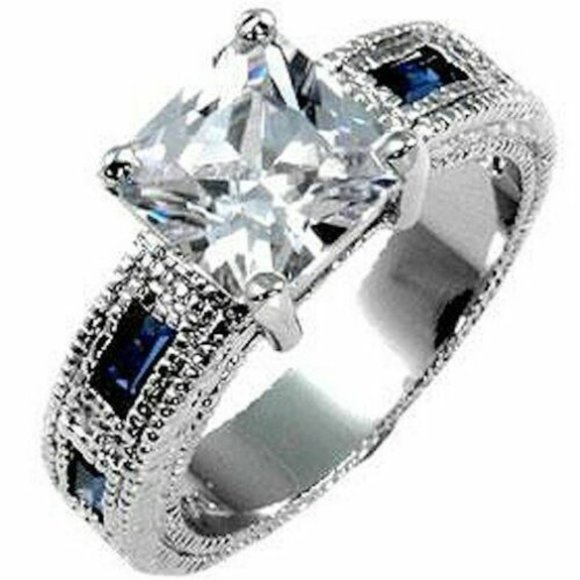 Sapphire Engagement Ring Size 8 9 10 Blue Cubic Zirconia Simulated RhodiumPlated - Picture 2 of 9